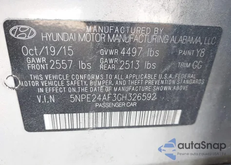 2016 Hyundai Sonata Se z USA, uszkodzony, nr VIN 5NPE24AF3GH326592